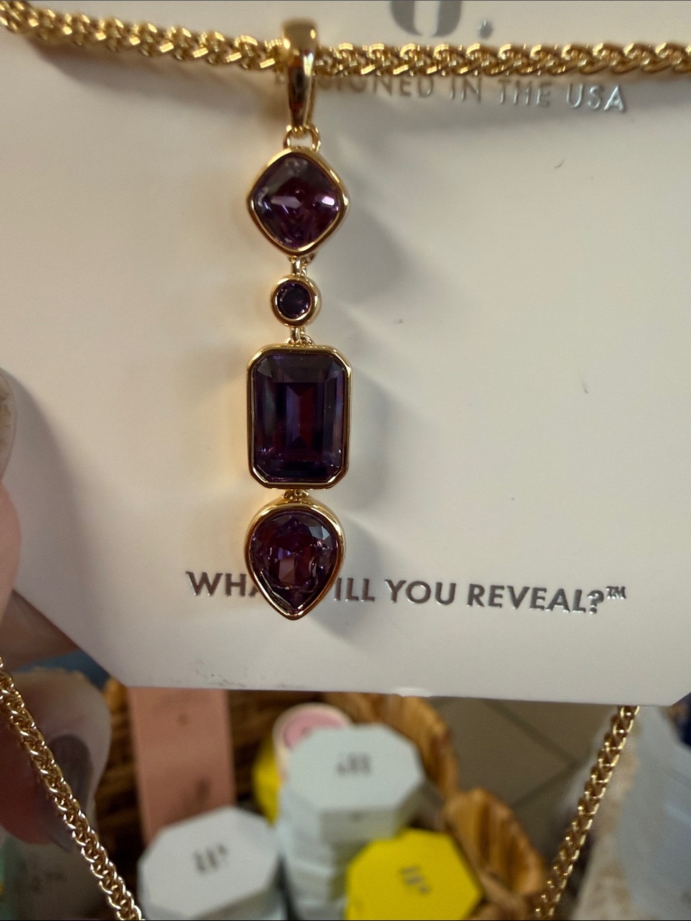 Gold-Tone Necklace with Deep Purple Multi-Gem Pendant